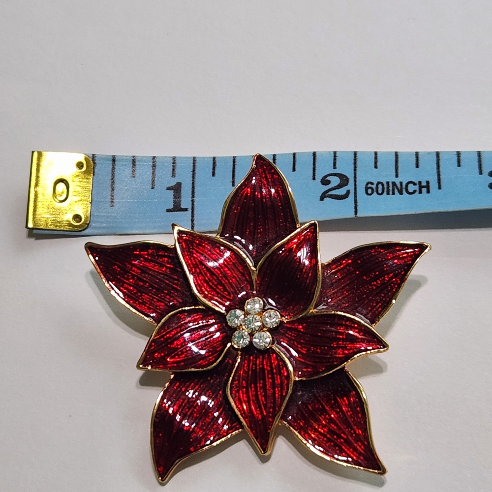 Vintage Eisenberg Ice Red Enamel & Rhinestone Poinsettia Flower Brooch - Picture 5 of 5